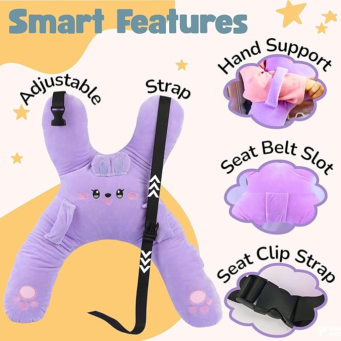 Kids Car Sleeping Pillow - X-Shaped Plush Animal for Neck & Back Support - Hands & Seat Belt Slot - Machine Washable & Compressible - Perfect for Car, Plane, Train, Boat & More - Purple