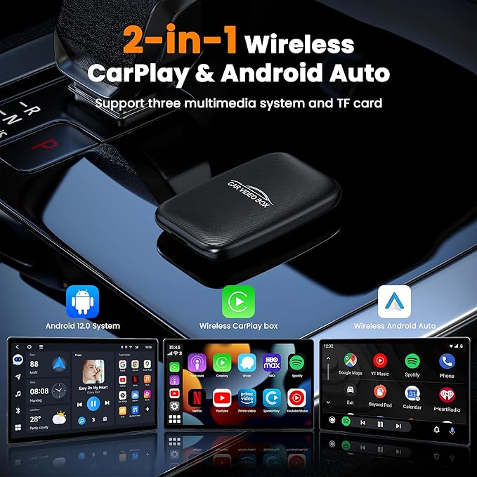 2026 Upgraded 3-in-1 Wireless CarPlay & Android Auto Adapter, Convert Wired to Wireless with USB-A/USB-C Cables, AI Box CarPlay Supports Netflix/YouTube/TF Playback for iPhone