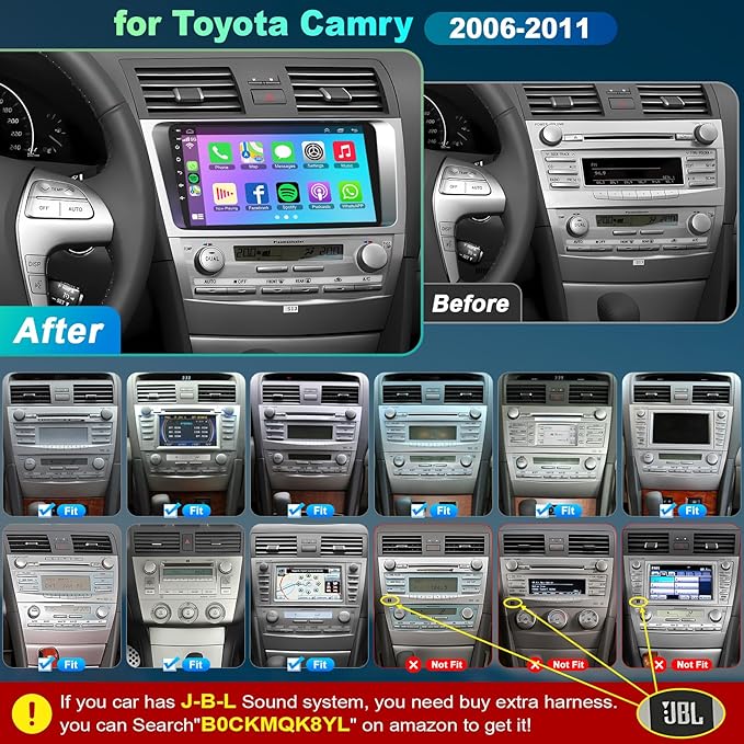 4G+64G Car Radio Stereo for Toyota Camry 2006-2011, Wireless Carplay&Android Auto with Android 13 Support Bluetooth/Voice Control/GPS/WiFi/Back-up Camera/SWC/FM, 9 Inch IPS Touch Screen