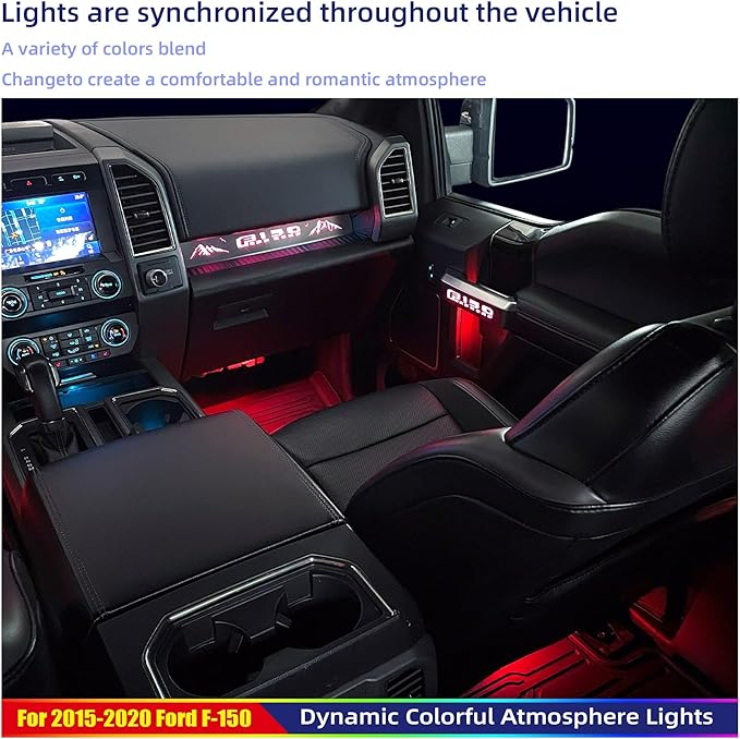 Ambient Light Kit for 13th Gen Ford F-150, 2015-2020 Chrome Interior Inner Door Handle Cover, Door Opening Warning, 256-Color, SYNC 3 Controlled Light Brightness, F150 Truck Accessories Replacement