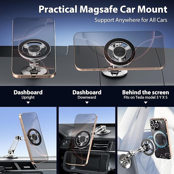 Ultra Magnetic Long-Arm Phone Holder Stand, Fits for MagSafe Car Mount Bracket【Windshield+Vent+Dash】, 360° Rotation Adjustable Strong Magnet Car Mount Desk Office Phone Cradle Holder, Silver