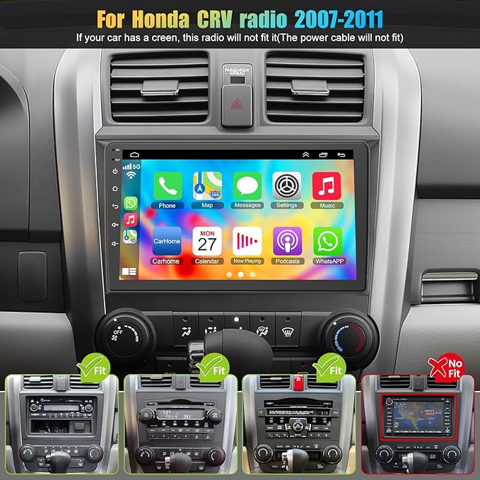 Car Radio Stereo for 2007-2011 Honda CRV | 9" QLED Touchscreen with Wireless CarPlay & Android Auto | 4G+64GB Fast Android 13 System | Built-in GPS, Bluetooth, Backup Camera & Steering Wheel Control