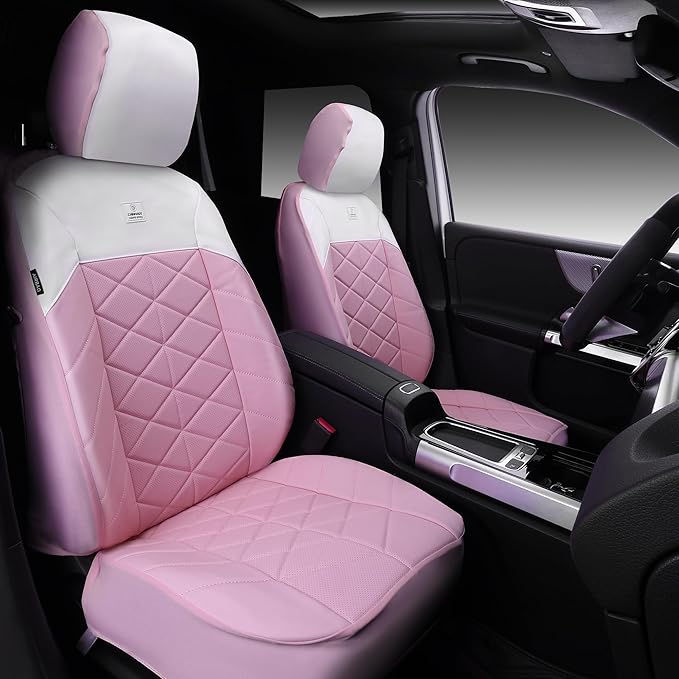 CAR PASS Nappa Leather Seat Covers for Car, Waterproof Seat Covers Full Set, Luxury 3D Rhombus Lined Sponge Airbag Compatible Universal Fit for Automotive SUV Truck Pickup Sedan, Pink White