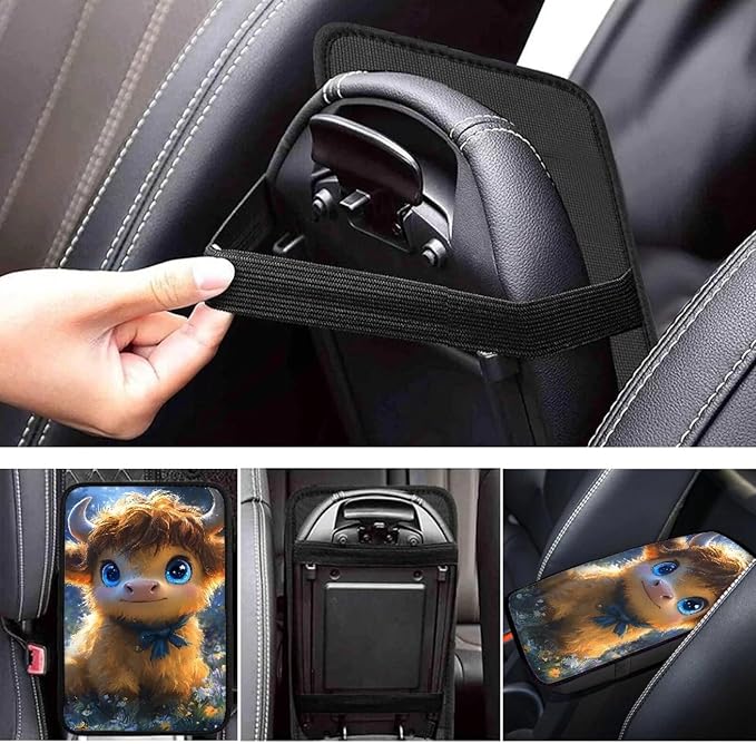 Dreaweet Center Console Cover Cute Highland Cow Car Accessories for Women Girly Universal Car Armrest Cover for Truck SUV Sedan,Soft Comfy Car Arm Rest Cover Pad