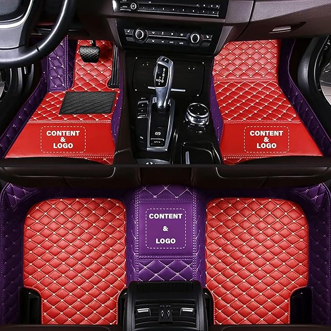Custom Making Car Floor Mats Compatible for 2000-2025 All Mode Sedan SUV Sports Car Full Coverage Cute Pads Protection Non-Slip Leather Floor Liners (Red+Purple Edge)