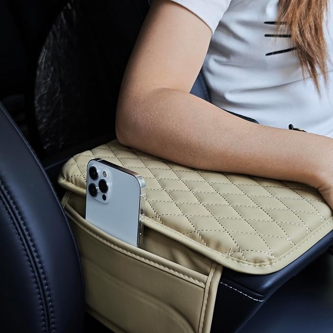 Car Center Console Cover,Microfiber Leather Car Armrest Cover Cushion with Storage Bags, Universal Car Armrest Storage Box Car Interior Accessories for Most Vehicles, Beige
