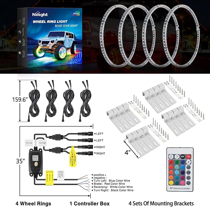Nilight 4PCS 15.5inch Double Row LED Wheel Ring Lights RGB with APP and Remote Control Neon Lights w/Turn Signal and Braking Function Dual Row for Car Van SUV Truck