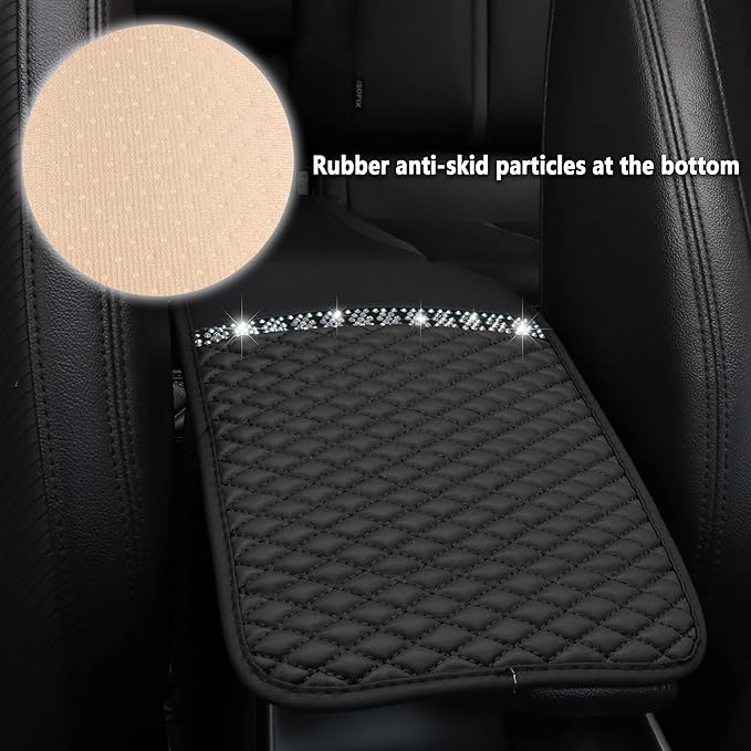 Bling Leather Car Armrest Box Cover,Car Center Console Protector with Colorful Crystal Rhinestones,Anti-Scratch Waterproof Car Armrest Seat Pad for Most Car,SUVs,Trucks (Black)