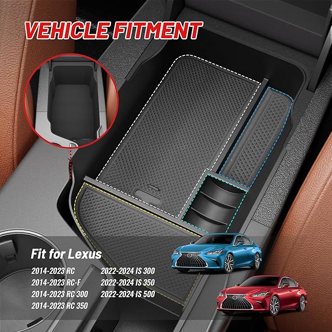 RED WOLF Center Console Organizer Tray for 2014-2024 Lexus RC 300 350 IS 350 500 Armrest Box Secondary Storage Factory Model Design with Anti-Slip Pad