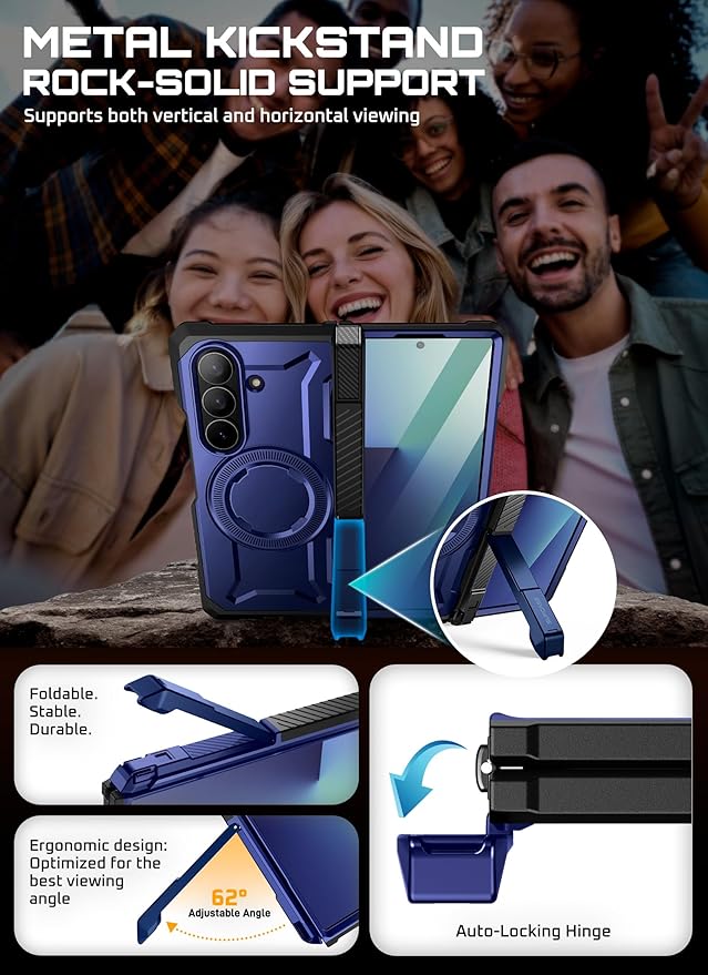 SUPCASE for Samsung Galaxy Z Fold 7 Case with Kickstand (UB Grip), [Compatible with MagSafe] [Built-in Tempered Glass Screen Protector] [Hinge Coverage] Military-Grade Protection Phone Case (Azure)