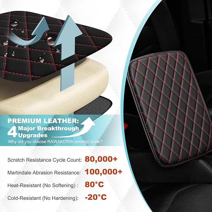 Center Console Cover Fit for Kia Forte 2010-2024 with 2 Storage Bags Waterproof Leather Quilted Pattern Car Armrest Cover Cushion Anti - Slip(Black&Red Line)