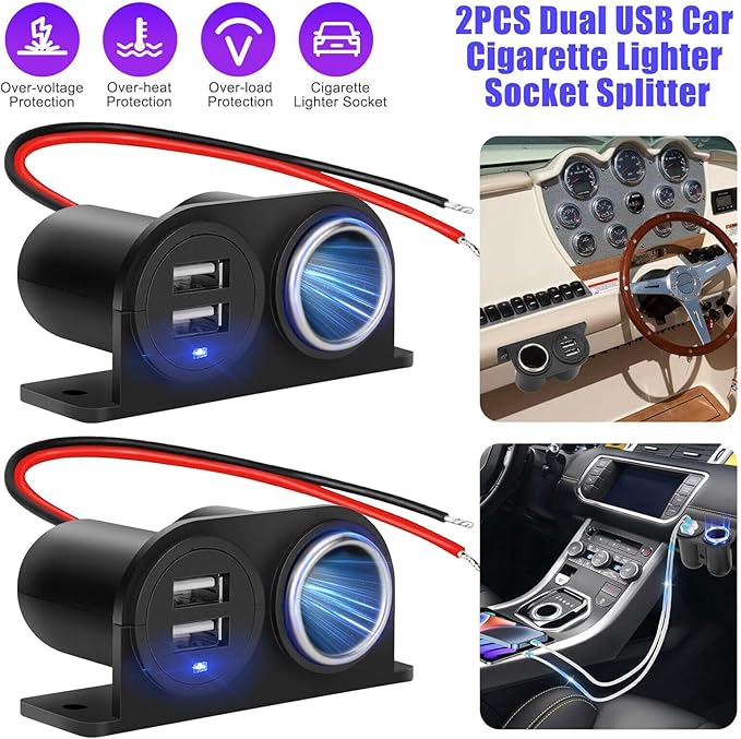 2PCS Dual USB Outlet Cigarette Lighter Socket Splitter with Blade Fuse, 12V 4.2A Car Charger Power Adapter Replacement Waterproof Plug Female 21W for RV Marine Boat Motorcycle Truck ATV UTV Van etc