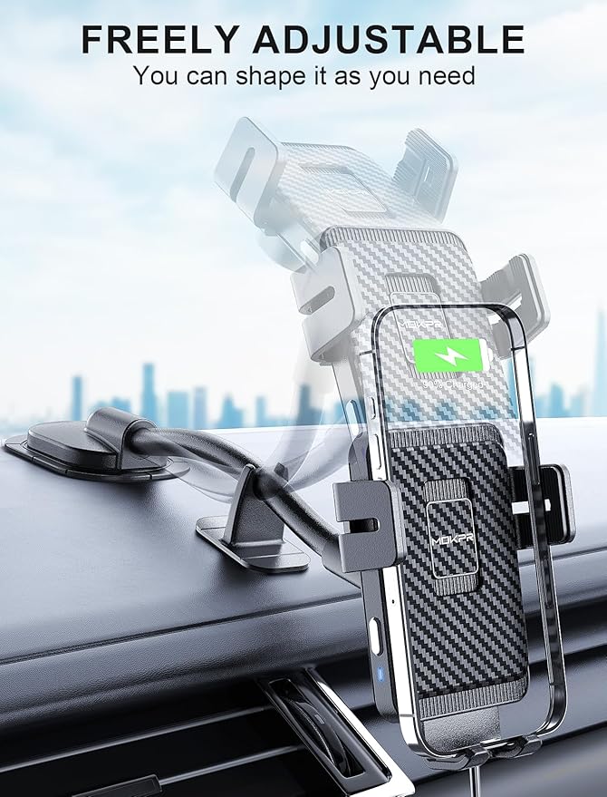 MOKPR Wireless Car Charger, Adjustable Gooseneck Car Mount Auto-Clamping Car Charger, Dashboard [with Anti Shake stabilizer] Phone Holder fit for iPhone 17 16 15 14 13 12, Samsung,with QC 3.0