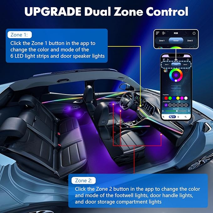 2026 Upgraded Car Ambient Lighting Kits Dreamcolor Acrylic Interior Car LED Strip Light with Wireless APP, RGB 22 in 1 Dynamic Chasing Music Sync LEDs Fiber Optic Strip Lights