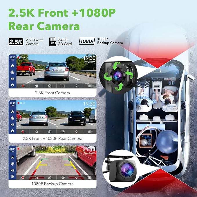 6.86" Wireless CarPlay Screen for Apple Carplay and Android Auto, Dual Dash Cam 2.5K Front 1080P Rear Recording, Voice Control, GPS Navigation, Mirror Link, Bluetooth, FM, AUX, Fits Most Cars