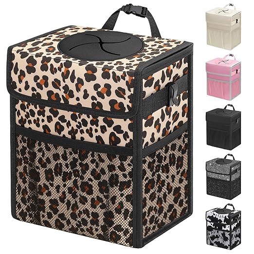 Capolo Car Trash Can with Lid, Leakproof Car Trash Bag Hanging Waterproof Automotive Garbage Can with Storage Pockets Mini Vehicle Trash Bin for Back/Front Seat(Leopard,3 Gallon)