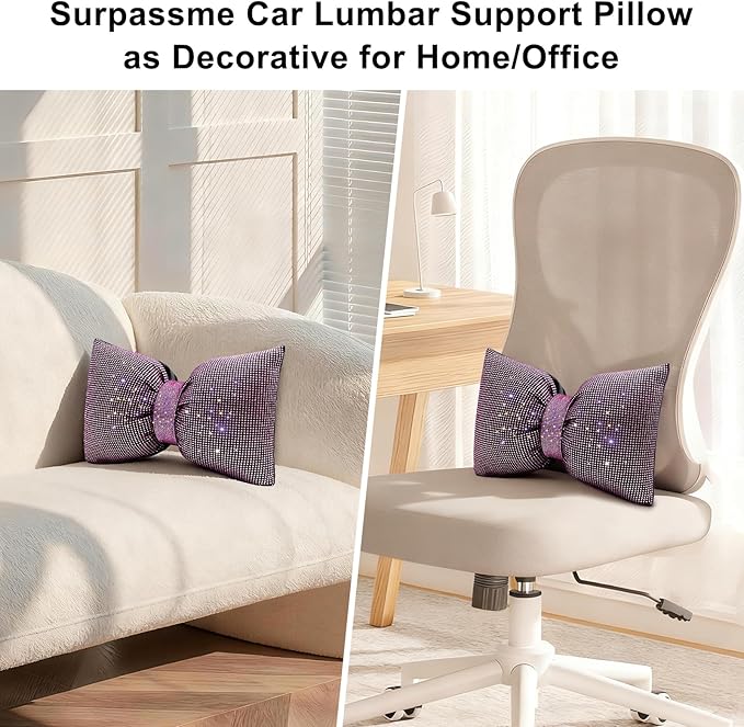 surpassme Rhinestone Lumbar Support Pillow for Car, Bling Back Support Pillow/Cushion Car Accessories for Women(Pink)
