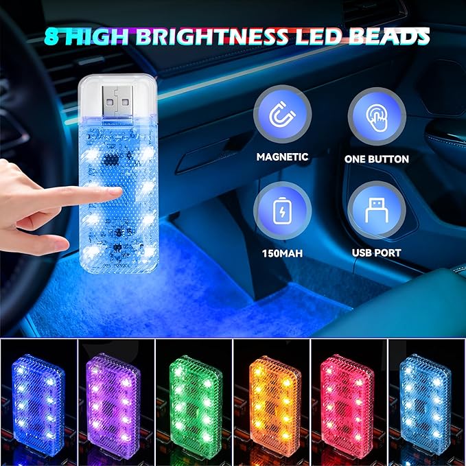 4 PCS Car LED Lights, USB Plug-in Rechargeable 8 High-Brightness LED Beads, Portable Mini Touch Control Dimmable Night Light for Car/Bedroom/Party/Holiday Decoration (2 Amber & 2 Ice-Blue)
