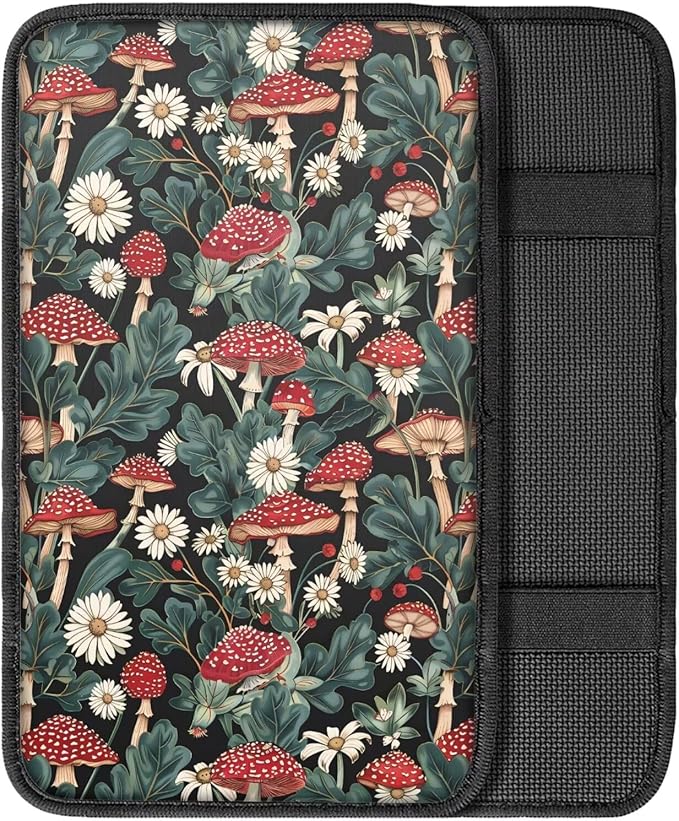 UNICEU Mushroom Daisy Print Car Decorative Armrest Cover Pad Soft Neoprene Car Center Console Armrest Cover Universal Fit Trucks SUV Van