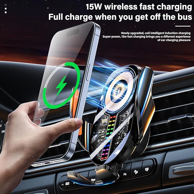 Wireless Car Charger Mount Cell Phone Holder Car - Auto Clamping 3-Axis Adjustable Phone Mount for Car Vent with 15W Fast Charging and Ultra-Thin Design Slim Profile for iPhone 16 Pro Max 16 15 14