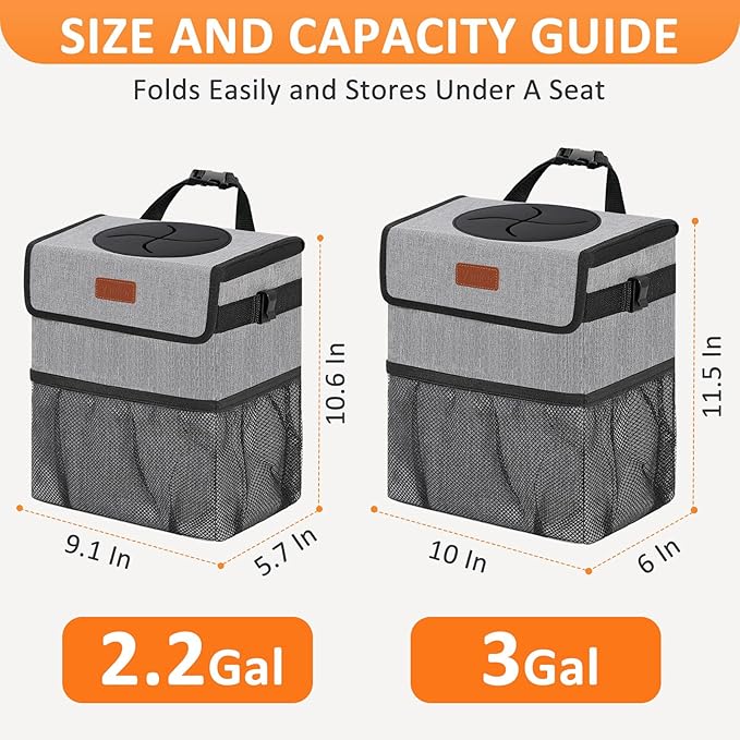Vankor 3 Gallons Car Trash Can with Lid, Car Trash Bag Bin Hanging Waterproof Automotive Garbage Cans Leak Proof Vehicle Can Grey
