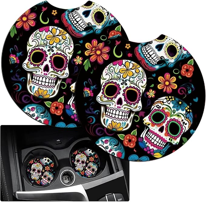 Car Armrest Cover Pads Universal Fashion Cute Auto Center Console Armrest Cover Pad with 2PCS Car Coasters Soft Waterproof Car Armrest Seat Protector for Women Girls, Colorful Skulls