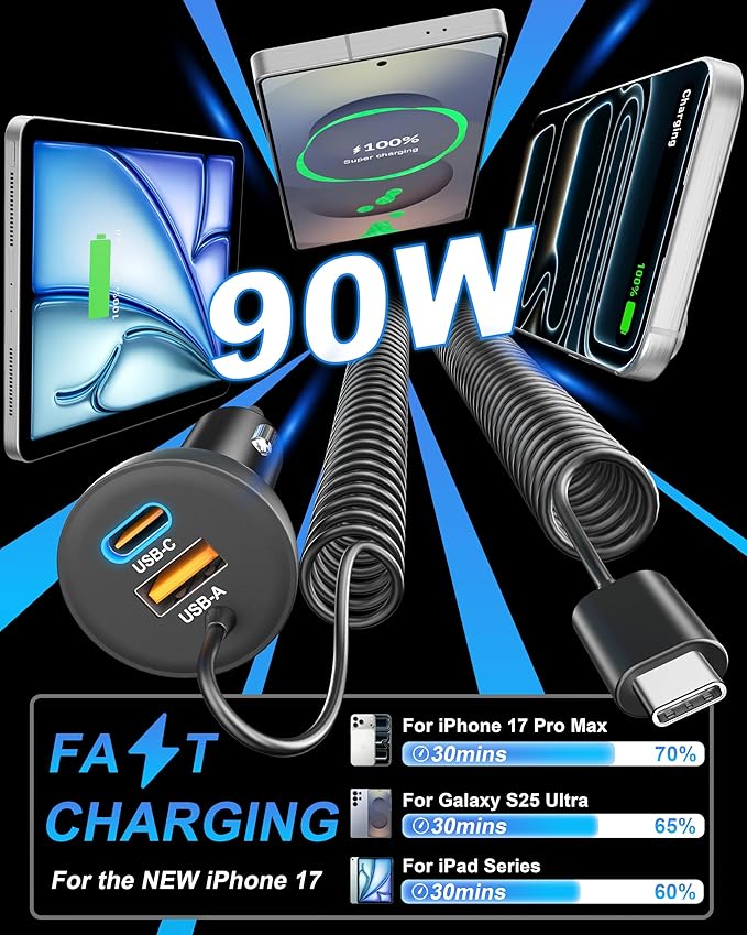 iPhone 17e 17 16 15 Pro Max Car Charger Fast Charging, 3-Port 90W Fast USB C Car Charger Adapter Cigarette Lighter with 4FT Coiled USB C Cable for iPhone 17e/17/17 Pro Max/Air/16/15 Pro/Plus, iPad