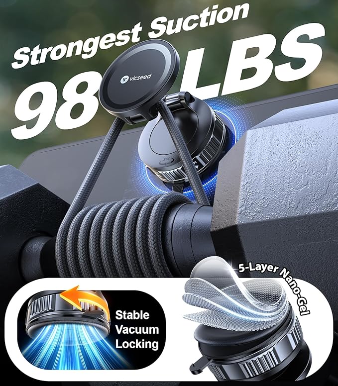 VICSEED Ultimate for Magsafe Car Mount [98+LBS Strongest Suction] 360° Vacuum Magnetic Phone Holders for Your Car Metal Arm Foldable Cellphone Mount for iPhone 17 16 15 14 13 12 Pro Max Air Android