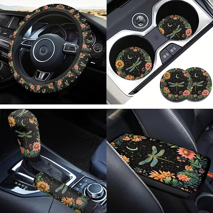 Dragonfly Print 6 Pcs car Steering Wheel Cover Handbrake Gear Cover Cup Coaster Armrest Cover Cars Interior Decor Protector Fit for SUV Truck Sedan
