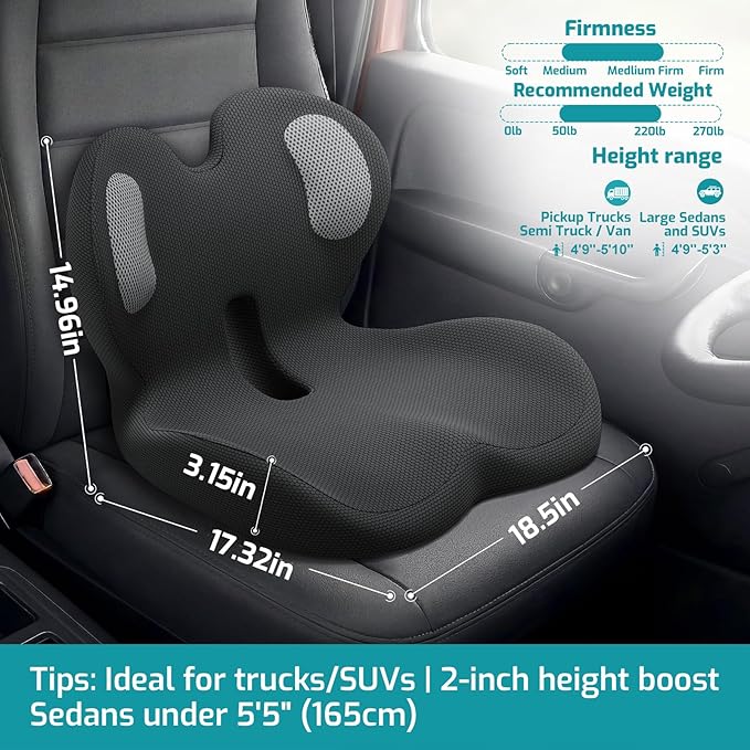 Trucker Seat Cushion, Car Seat Cushions with Lumbar Support Pillow, Ergonomic L-Shaped Orthopedic Memory Foam Pad for Long Driving Back Pain Sciatica Relief, Drivers Office Workers (Black+WE)