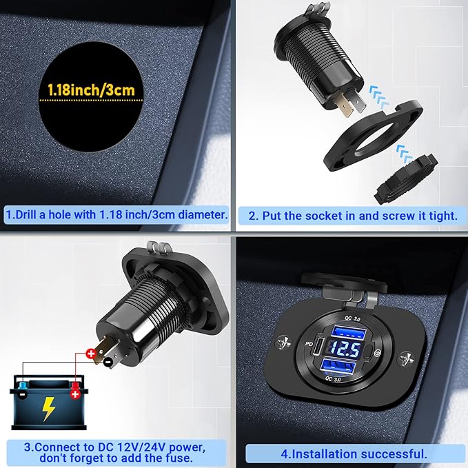 Qidoe 12 Volt USB Outlet 12V Outlet USB Car Port Aluminum 30W PPS PD 3.0 Motorcycle Car Charger Waterproof Dual QC3.0 Socket with Switch 12V/ 24V Vehicle Marine Boat RV Accessories