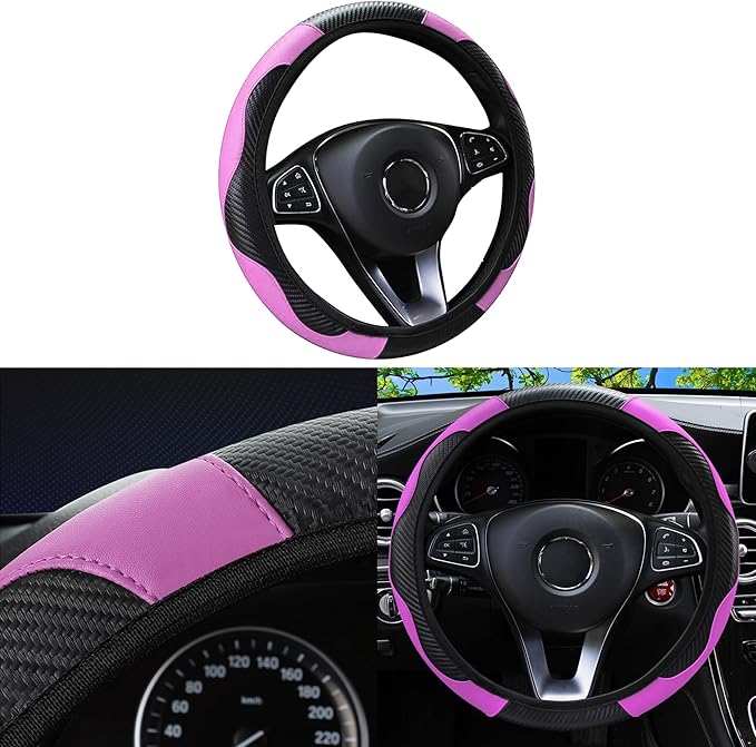 Car Steering Wheel Cover, 15 inch Carbon Fiber Microfiber Anti-Slip Breathable PU Leather Elastic Steering Wheel Protector, Car Interior Accessories for Most Cars (Pink)