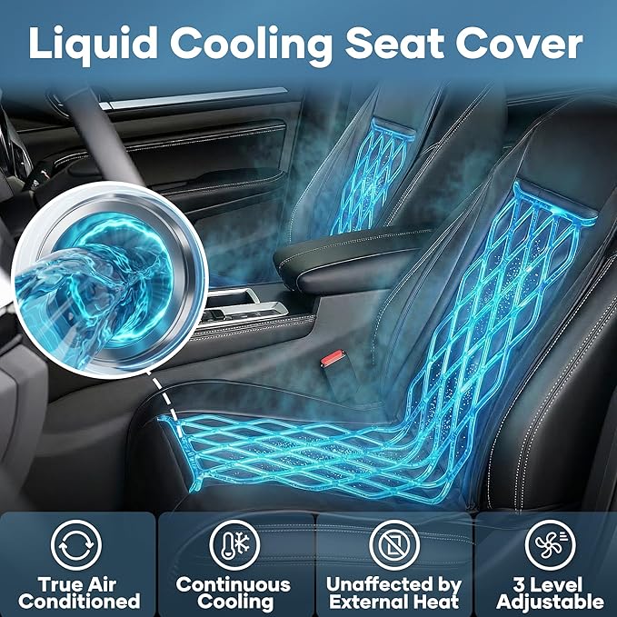 Liquid Cooled Cooling Car Seat Cover Front Seat, 12V-24V Air Conditioned Car Seat Cover with 3 Temp Modes, Ventilated Cooling Car Seat Cushion for Car SUV Truck Universal Fit, Classic Black