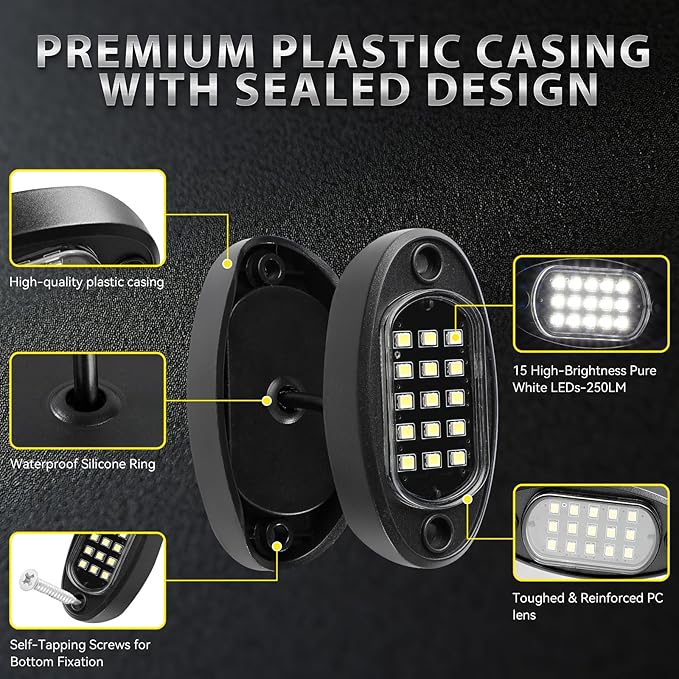 4 Pods White LED Rock Lights with Switch Extension Harness, 6000K 24 LEDs Pure White Neon Underglow Light for ATV SUV UTV RZR SXS Car Trailer Truck, IP67 Waterproof Under Trail Rig Fender Lighting