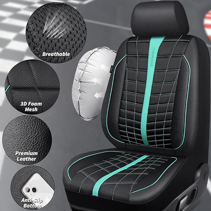 CAR PASS 3D Foam Mesh Leather Car Seat Covers Full Set, Breathable Premium Leather Seat Covers for Car,Anti Slip Universal Fit for Trucks Cars Sedans Vans SUVs, Airbag Compatible, Black Mint