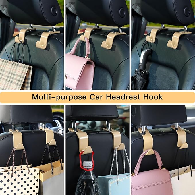 Soleebee 4 Pack Car Headrest Hooks - Universal Auto Hooks for Back Seat Hangers, Storage Organizer (Beige)