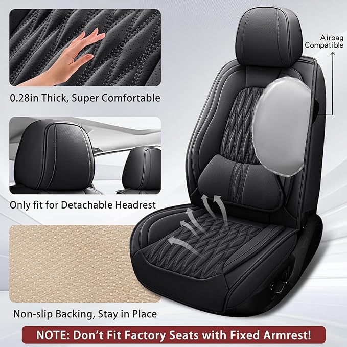 WELLDO Car Seat Covers Full Set, Leather Seat Covers for Car, Waterproof Car Seat Protector with Lumbar Support, Automotive Seat Covers Universal Fit for Most Cars SUV Truck(Black-w02)
