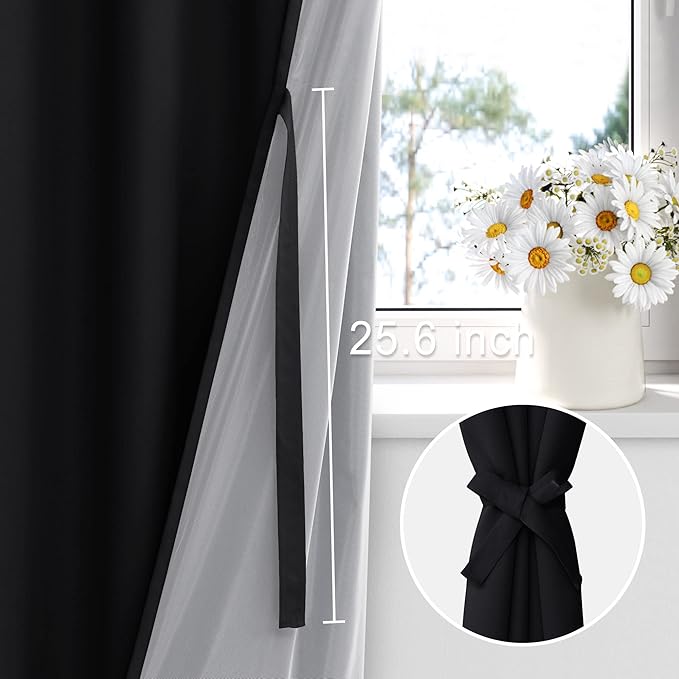 XWZO 100% Blackout Curtains with Tiebacks- Heat and Full Light Blocking Window Panels with Grommets & Thermal Insulated Draperies for Wide Large Window, Black, W60 x L84, Set of 2