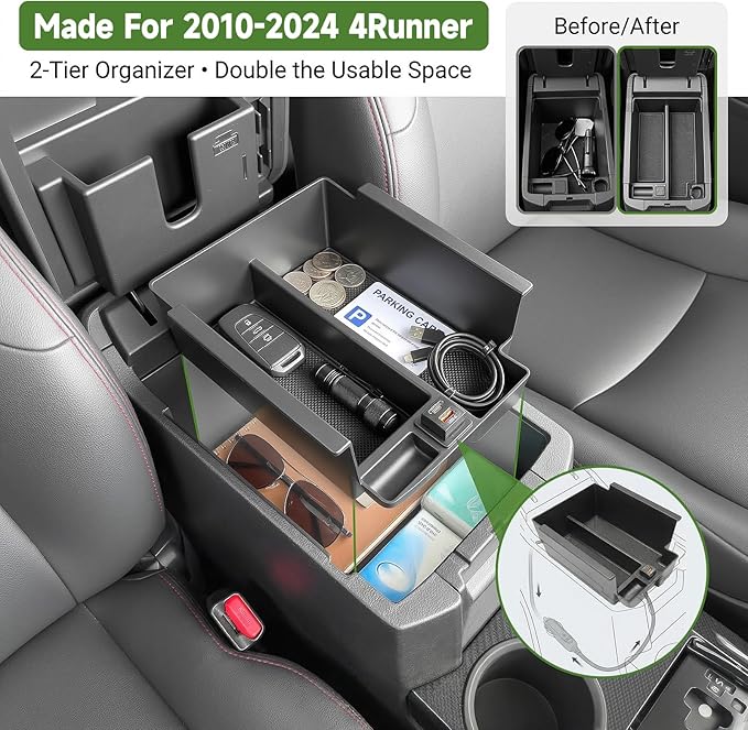 Center Console Organizer with Fast Charger for 2010-2024 Toyota 4Runner Insert Armrest Box Storage Tray W/USB Fast Charging for 10-24 4 Runner Interior Accessories