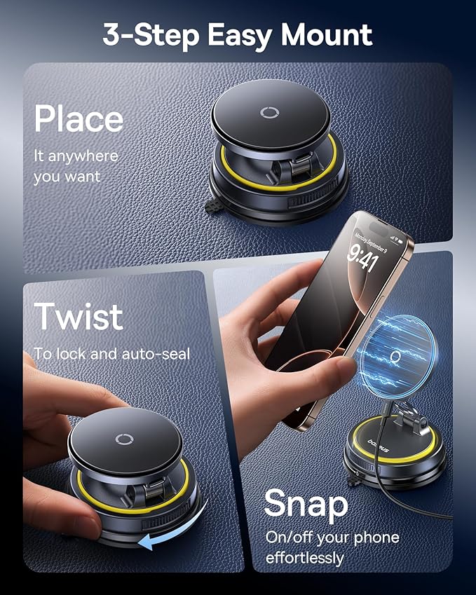 Baseus Vacuum 15W for Magsafe Car Mount Charger, 119LBS Suction Cup 720° Adjustable Magnetic Car Charger Phone Holder, Foldable Cell Phone Holder with Reusable Washable Gel for Car & for 17to13 iPhone