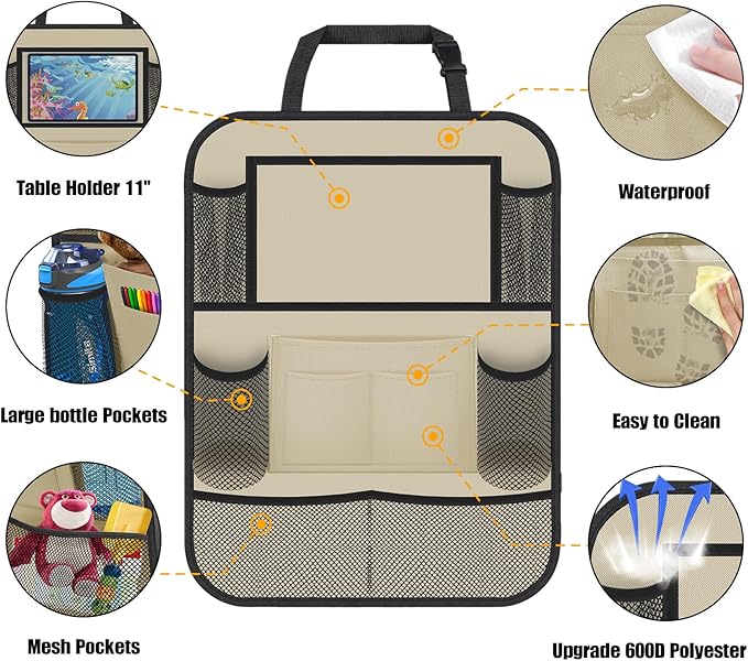 ULEEKA Car Backseat Organizer with 11" Table Holder, 10 Storage Pockets Seat Back Protectors Kick Mats for Kids Toddlers, Travel Accessories, 2 Pack, Beige