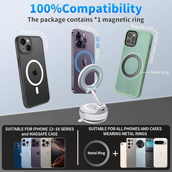 Phone Holders for Your Car, 24 Built-in Strong Magnets & Swivel Suction Cup, Vacuum Suction with Twist-Button Release, Foldable & Reusable for MagSafe & Magnetic Cases, White