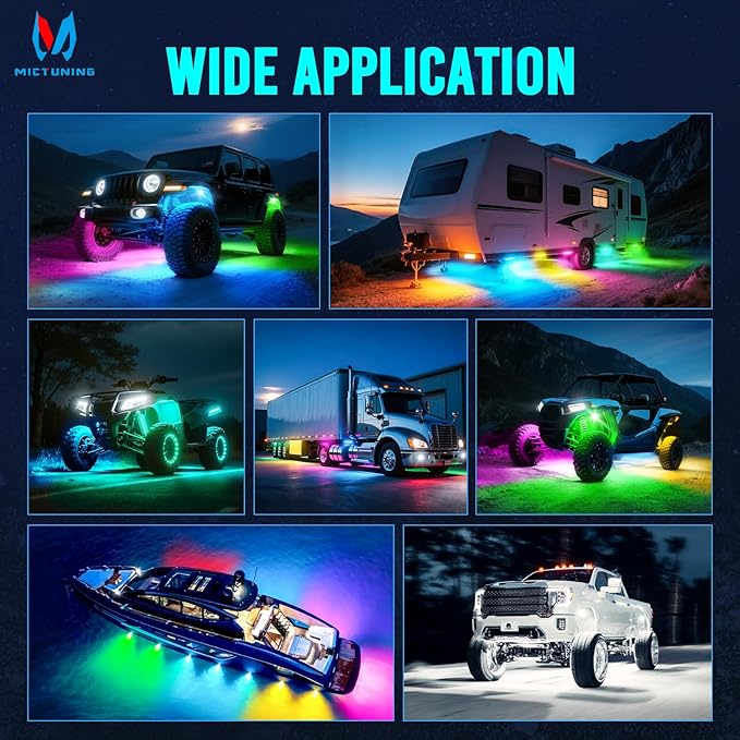 MICTUNING Q1+ MAX 12 Pods Ultra-Bright RGB+IC Rock Lights, Multi-Color Chasing Underglow Lighting, Extensible to 24 Pods, APP Music Sync & DIY Effects, IP68 Waterproof