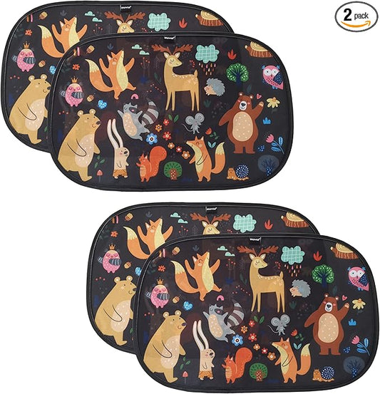 Window Sun Shade for Baby - Sun Blocker Cover and Visor for Car Side Windows - Shield Protector - Sunshades for Rear Windows - Cartoon Animal Design (2 Pack) 19"x12"