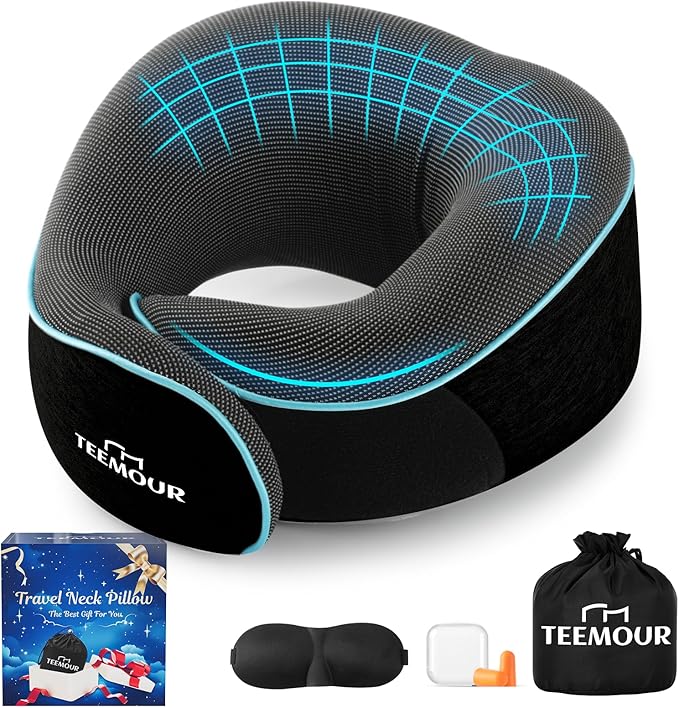 Travel Pillow Neck Pillow for Airplane Travel Essentials - Memory Foam Travel Neck Pillow, Stops Head Bobbing With Eye Mask & Earplugs, Portable Carry Bag for Long Flights| Airplane Accessories Black