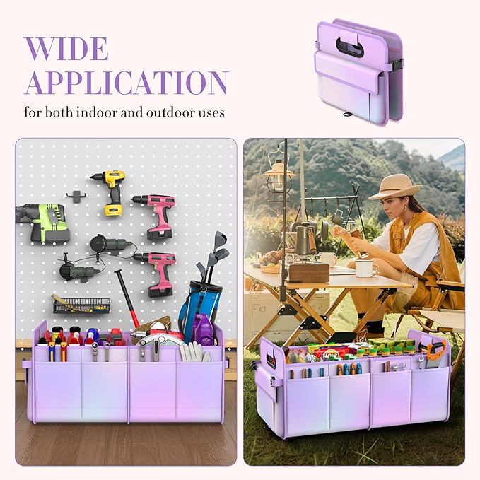 titiyiof Trunk Organizer For Suv&Sedan,Car Organizers&Storage,Waterproof Collapsible & Adjustable Straps,70L Sturdy Car Organization for Car Accessories,Tools,Sundries,2-3Compartment(Colorful Purple)