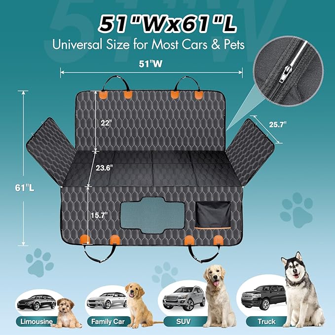 Chumajor Back Seat Extender for Dogs-Supports 400lb,Waterproof Dog Car Seat Cover Hard Bottom-Detachable,600D Heavy Duty Scratch Proof Nonslip Soft,Dog Hammock for Car,SUVs