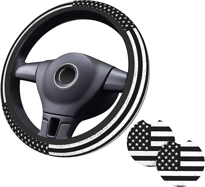 Black American Flag Vintage Steering Wheel Cover American Flag Steering Wheel Cover Anti-Slip Breathable Universal for 15 Inch Car Wheel Cover with 2 Pieces Car Coasters Suitable for Men Women