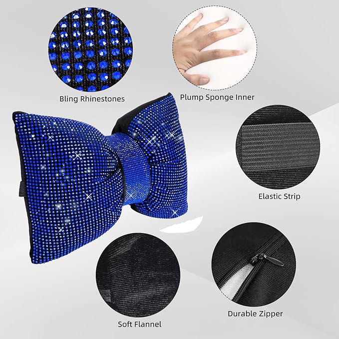 4 PCS Bling Car Pillows,Rhinestones Bowknot Car Headrest Pillow,Car Neck Pillow for Driver Relax Necksupport,Sleeping Travel Support Neck Pillow,Shiny Diamond Interior Accessories for Women,Blue