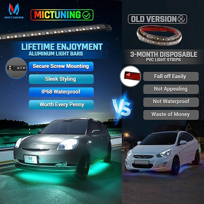 MICTUNING N8 RGBW Underglow Light Bars for SUVs, App/Remote Control, Aluminum Housing Waterproof, Exterior Neon Accent Underbody LED Light Strips, w/ 2pcs 9.8ft Extension Cords, 8PCS